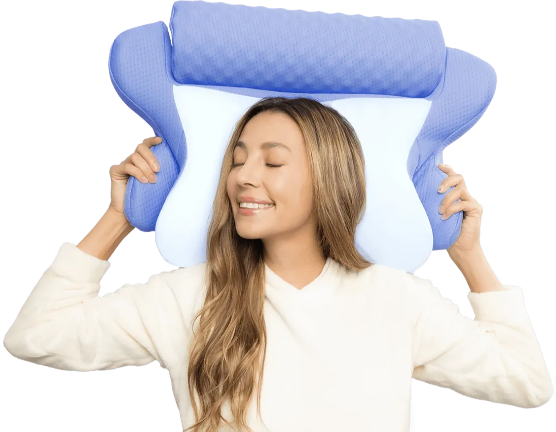 Happy customer holding a Melara Max bedroom pillow